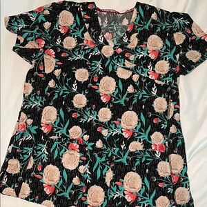 Floral V-Neck Women's Top - Black with Cream Roses